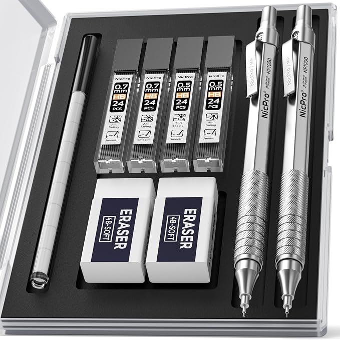 Nicpro 2 PCS Metal Mechanical Pencil 0.5mm & 0.7 mm with Case | MP1000 Pencil Set with 4 Tubes HB Lead Refills, 2 Eraser, 9 Eraser Refill For Art Writing Drafting, Sketch, College - Silver