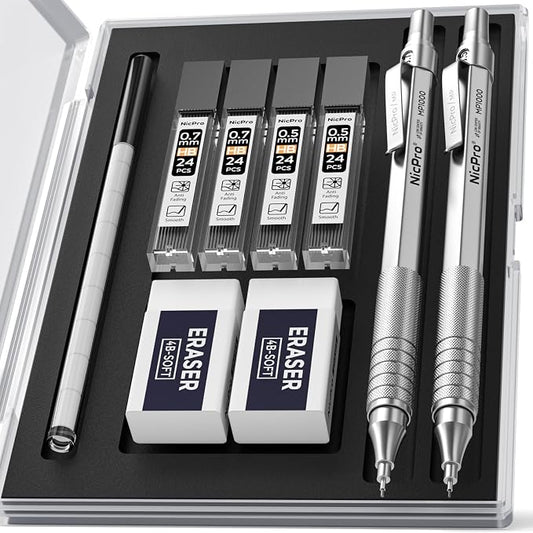 Nicpro 2 PCS Metal Mechanical Pencil 0.5mm & 0.7 mm with Case | MP1000 Pencil Set with 4 Tubes HB Lead Refills, 2 Eraser, 9 Eraser Refill For Art Writing Drafting, Sketch, College - Silver