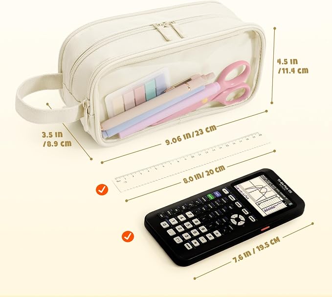 SUNEE Large Capacity Pencil Case with 3 Compartment, Extra Big Pencil Pouch, Pencil Bag with Clear Window, Pen Case School Supplies for Teens Adults Girls Boys,Beige