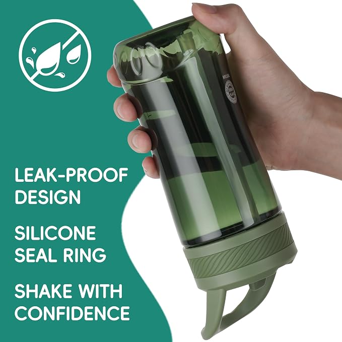 14oz Clear Kids Water Bottle with Straw Lid, BPA-Free Tritan, Measurement Scale, Sturdy Handle Wide Mouth Leak-proof Reusable Plastic Bottle for Boy& Girls, Back to School（Army Green）