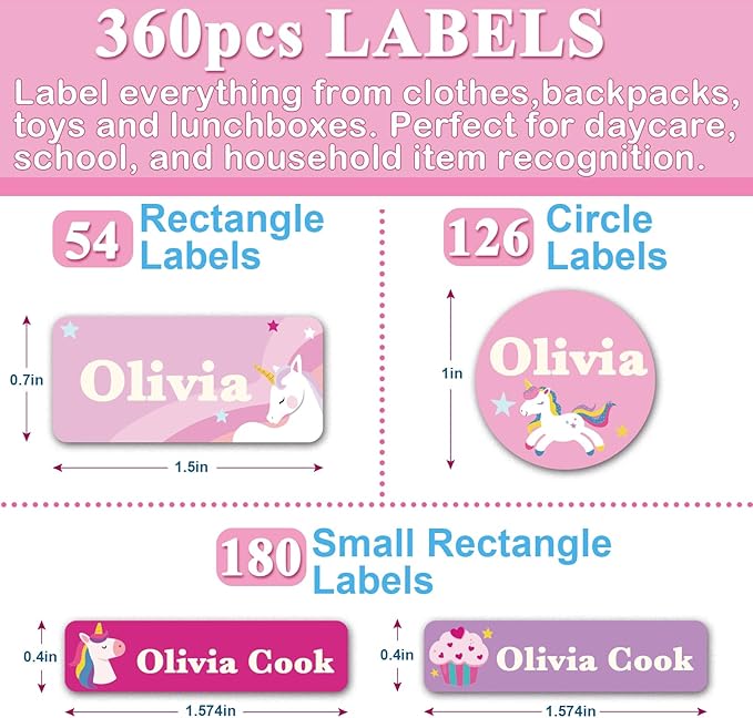 Daycare Name Labels for Kids, 360pcs Waterproof & Removable Name Stickers for Water Bottles, Lunch Boxes and School Daycare Name Tag (Unicorn)