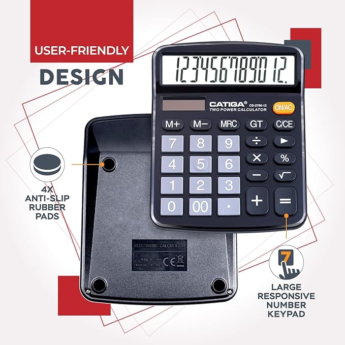 CATIGA 12 Digit Desk Calculator, Desktop Calculators with Large LCD Display & Big Buttons, Dual Power Solar & Battery, Standard Basic 4 Function Calculator for School, Office, Home