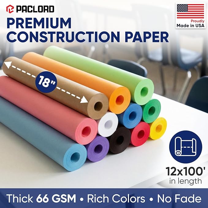 Multi-Color Construction Paper Set 18" x 100 ft – 12 Colors, Made in USA – Bulletin Board Paper for Classrooms, School & Arts Crafts