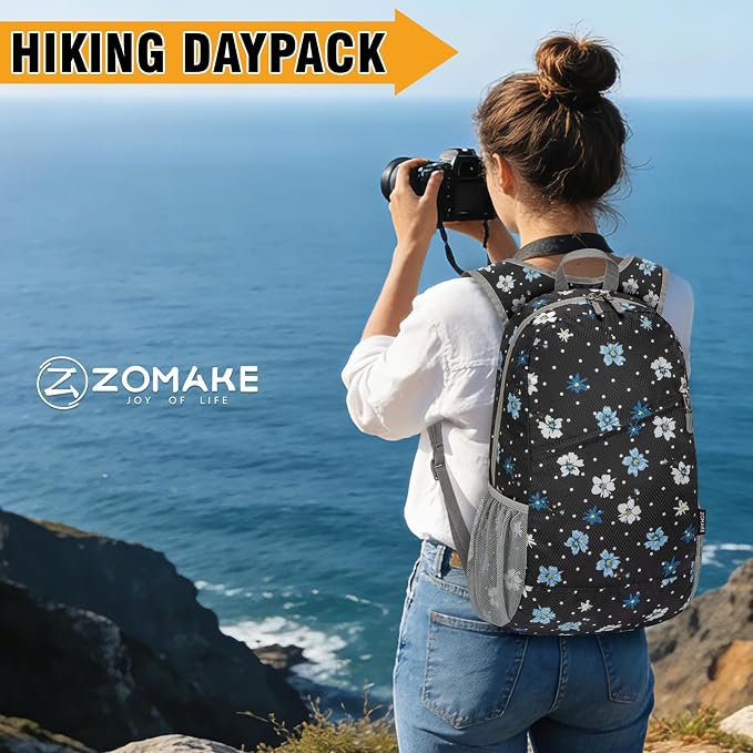 ZOMAKE Lightweight Packable Backpack 20L, Foldable Small Daypack for Hiking | Water Resistant Backpacks Day Bag for Travel Outdoor Camping Sport, Everyday Carry(Black, White Polka Dot Floral)