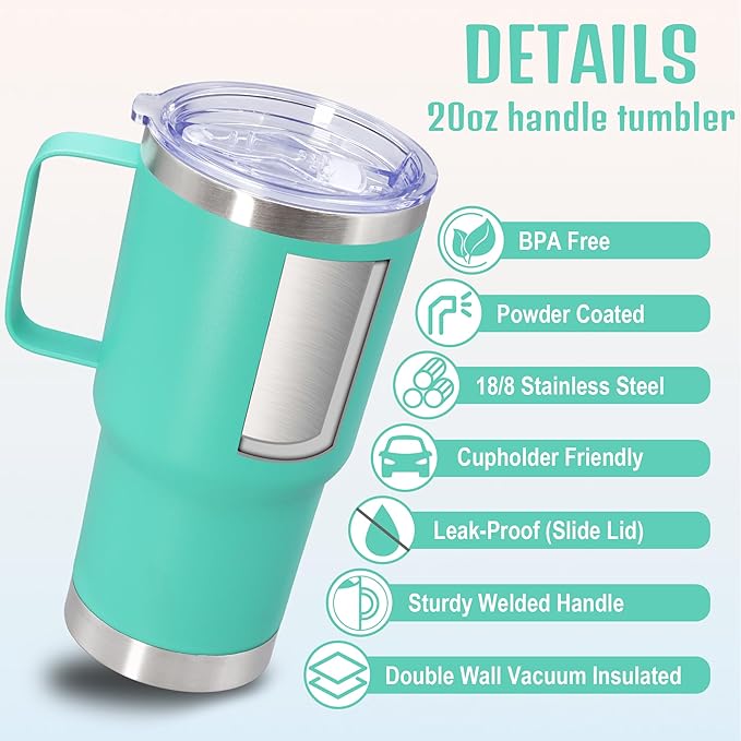 20 oz Tumbler with Handle and Lid, Stainless Steel Tumbler Insulated Travel Coffee Mug, Spill Proof Double Wall Vacuum Tumbler Cup Keep Drink Hot & Cold, Light Blue, 6 Pack