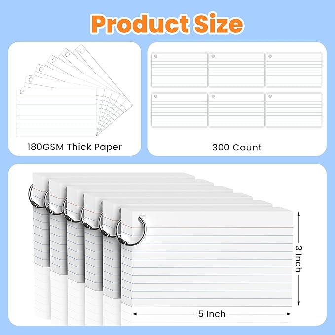 600 Count White Index Cards 3x5 Inch with Ring, Heavy Weight Flash Cards, Note Taking Supplies, Portable Note Cards, Study Flashcards for Students & Teachers, Office Home School Study Supplies