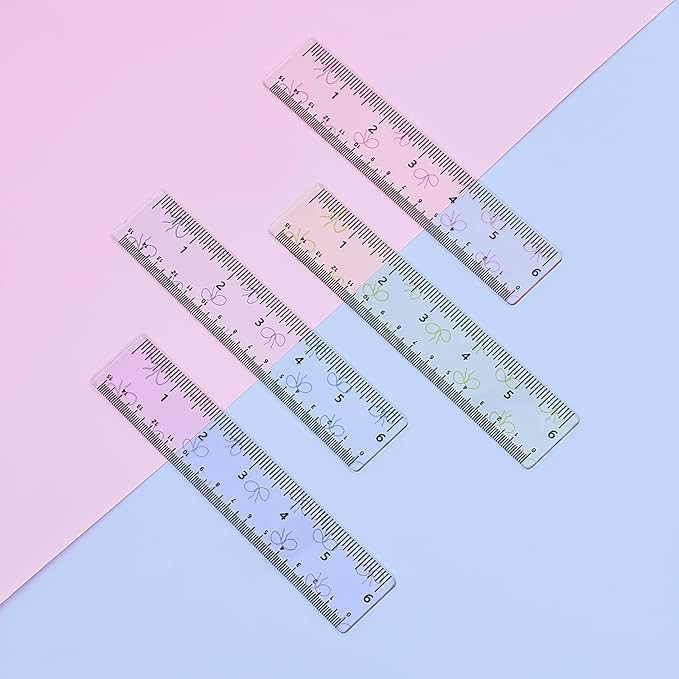 BAYTORY 4Pcs Transparent Acrylic Ruler 6 Inch, Clear Plastic Straight Rulers, Shatterproof Student Stationery Centimeters with Inches, for Classroom Essentials School Supplies (Bowknot 6 Inch)