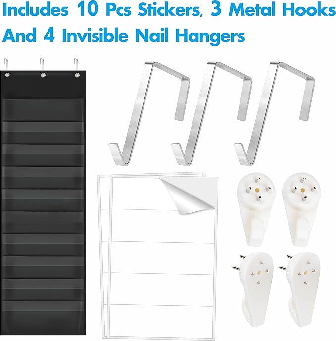 Storage Pocket Chart,Heavy Duty Wall File Organization Folder with 10 Clear File Pockets, 10 Blank Name Stickers Plus 3 Metal Hangers & 4 Hooks for Files, Bills, Classroom & Office (Black, 14” X 47”)