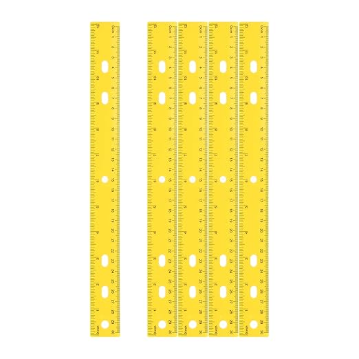 HARFINGTON 5pcs Plastic Rulers 12" (30cm) Clear Straight Ruler Measuring Tool Inches and Centimeters with Hole for Home Office Classrooms Drafting, Yellow