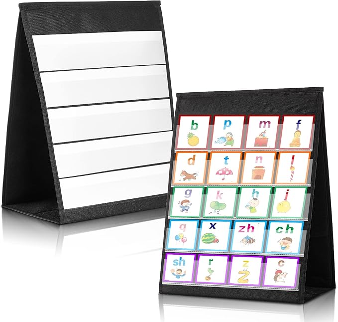 2 Pcs Desktop Pocket Chart Stand for Classroom 13 x 17 Inch Double Sided and Self-Standing Tabletop Pocket Chart with 40 Pcs Dry Erase Cards for Daily Schedule Teacher Student Classroom Office Home