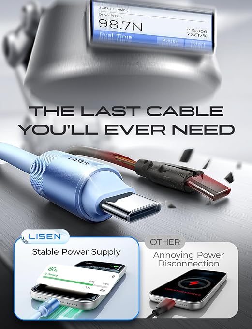 LISEN 10FT USB C Cable Fast Charging, Chubby 240W Cable USB C to USB C Fast Charging Soft Silicone USBC to USBC Parallel Cable for iPhone 17 Pro Max 16 15 Samsung S25 Ultra MacBook Pro Air iPad Blue