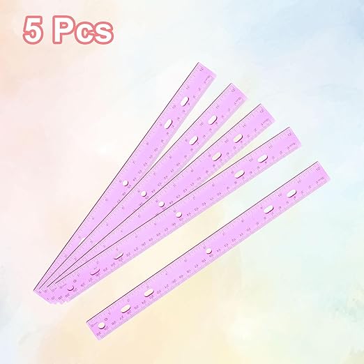HARFINGTON 5pcs Plastic Rulers 12" (30cm) Clear Straight Ruler Measuring Tool Inches and Centimeters with Hole for Home Office Classrooms Drafting, Clear Purple