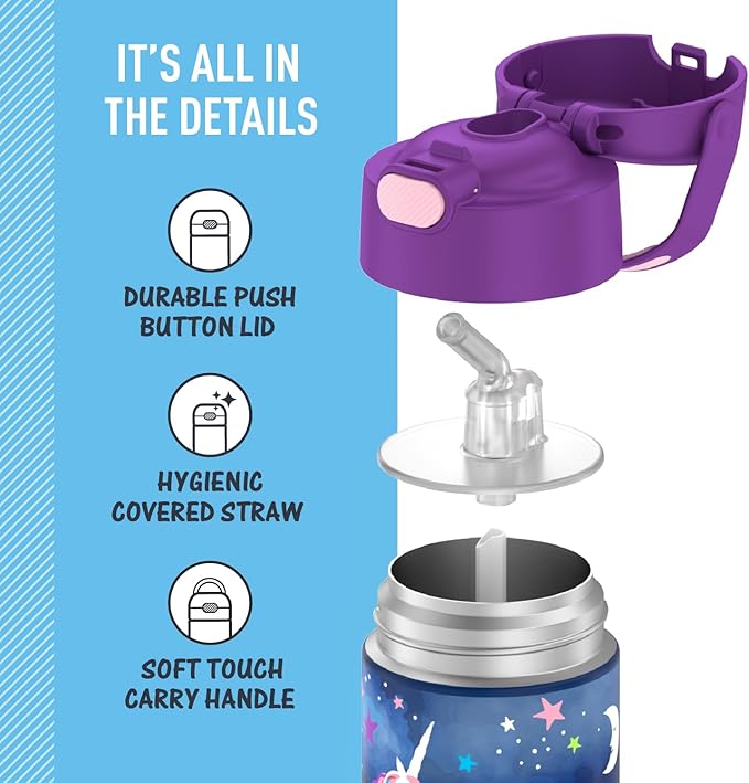 THERMOS FUNTAINER Water Bottle with Straw - 12 Ounce - Kids Stainless Steel Vacuum Insulated Water Bottle with Lid, Space Unicorn