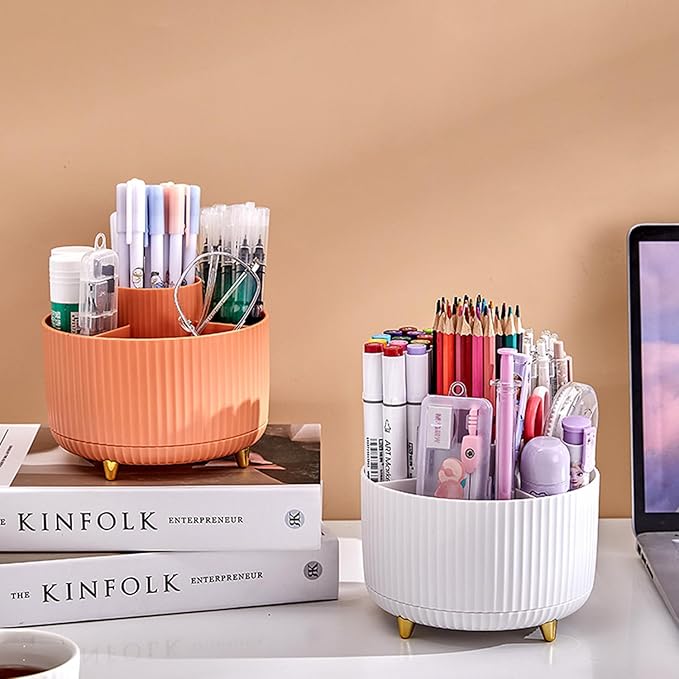 Desk Pencil Pen Holder, 5 Slots 360°Degree Rotating Pencil Pen Organizers for Desk, Desktop Storage Stationery Supplies Pencil Cup Pot for Office School Home Art Supply. (White)