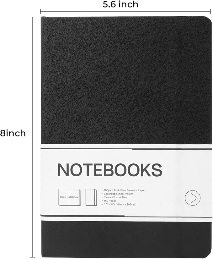 M&G Blank Journal Notebook, 160 Pages, A5 Medium Size 5.6" x 8" for Men Women, 100GSM Thick College Ruled Paper for Journaling, Writing, Sketching, Leather Hardcover, Black