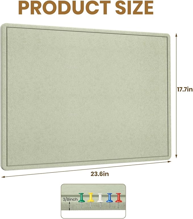 Bulletin Board, 23.5 X 17.5 inches Cork Board with 20 Pushpin, Felt Cork Board Notice Pin Board, Self-Adhesive Vision Board Mood Board Foldable Photo Board for Wall - Sage Green