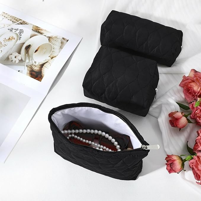 Huhumy 3 Pcs Puffy Makeup Bag Quilted Cosmetic Pouch for Women Cute Waterdrop Travel Toiletry Bag Puffer Makeup Organizer Purse Pouch Preppy Pencil Case with Zipper(Black)