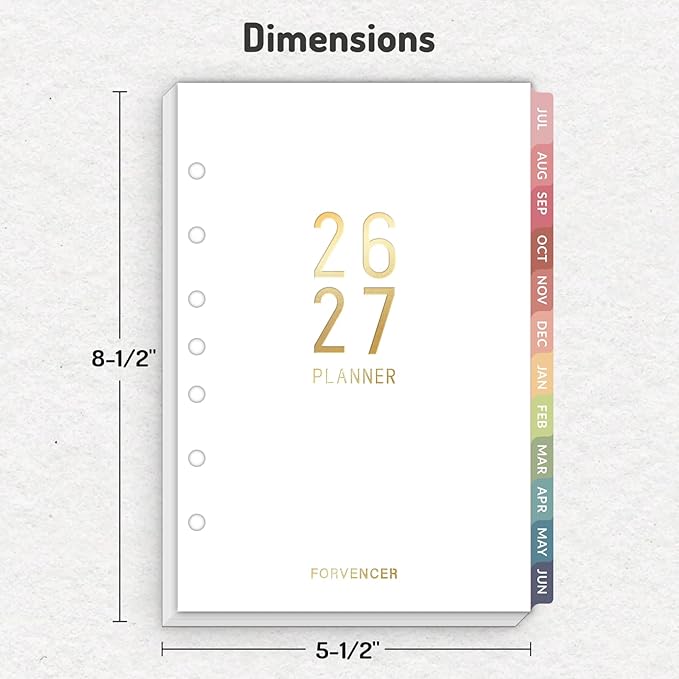 Forvencer 2026 Weekly & Monthly Planner Refills for A5 7-Ring Binders, July 2026 - Jun 2027, 7-Hole Punched Planner Inserts with Colorful Monthly Tabs, Small Calendar Organizers, 5-1/2" x 8-1/2"