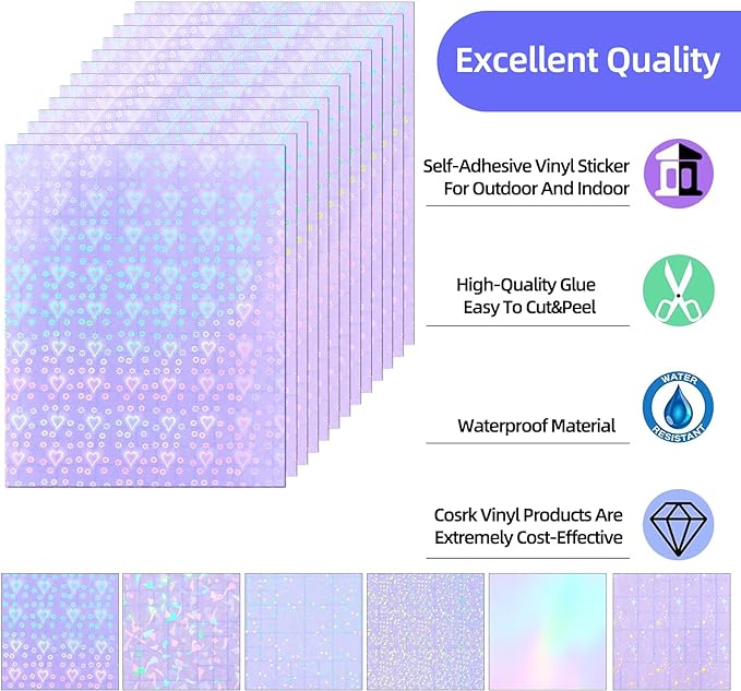 36 Sheets Holographic Laminating Sheets, 8.5x11 Inch Clear Holographic Sticker Paper with Self-Adhesive Waterproof Vinyl Overlay, 6 Patterns Transparent Laminate Film for DIY Stickers, Photos, Crafts
