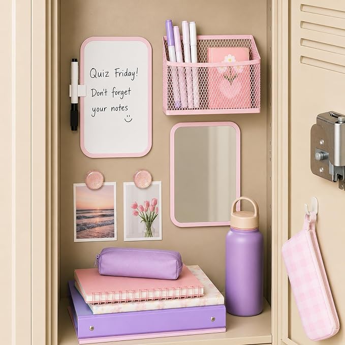 Svartur Magnetic Locker Accessories for Girls with Magnetic whiteboard, Locker Mirror and Magnetic Pen Holder, Pink Locker Decoration for School Locker, Back to School Essentials