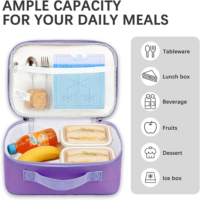 FlowFly Kids Lunch box Insulated Soft Bag Mini Cooler Back to School Thermal Meal Tote Kit for Girls, Boys, Purple