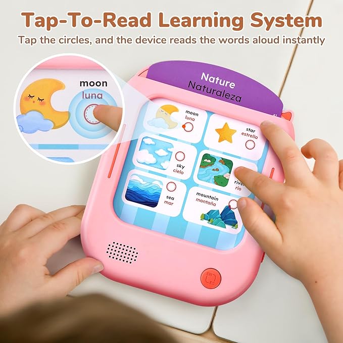 JoyCat Bilingual Kids Learning Tablet, English & Spanish Talking Flash Cards with 106 Pages, 20 Interactive Games, Montessori Learning Toy for Alphabet, Words, Numbers & Songs, Gift for Toddlers 2-6