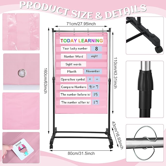 8 Pcs Adjustable Pocket Chart Stand Set Include 1 Standard Pocket Chart 6 Replacement Rings and 1 Adjustable Stand for Classrooms Home Teacher Lessons Educational Tools (Pink)