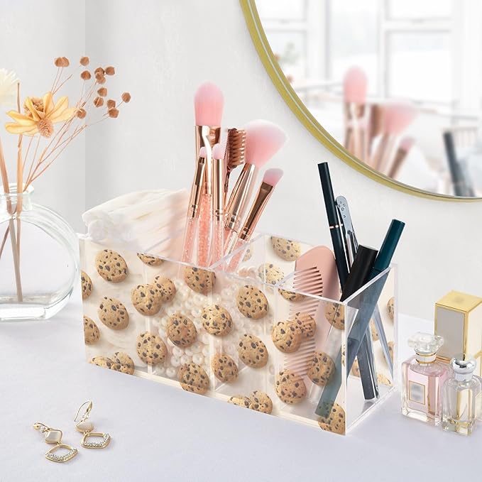 Aslsiy Tasty Cookies Pen Holder for Women 4 Compartments Acrylic Pencil Holder Clear Makeup Brush Holder Desk Organizer Office Supplies