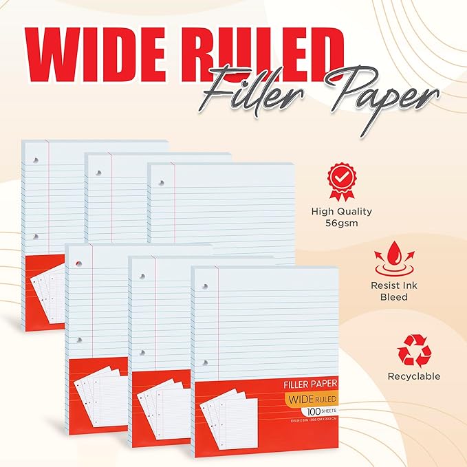 Loose Leaf Notebook Paper Wide Ruled – 10.5″ × 8″ 3-Hole Punched Filler Paper, 100 Sheets per Pack, 6-Pack (600 Sheets) – Lined Binder Refill for School, College, Classroom & Home Office