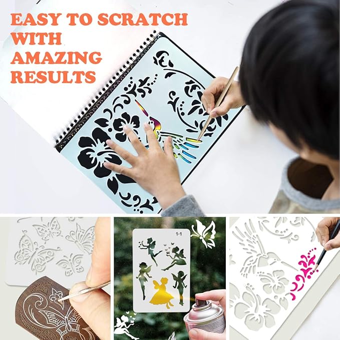 Mocoosy 3 Pack Rainbow Scratch Art Paper Notebooks, Spiral Bound Magic Scratch Pads for Kids Arts Crafts Supplies, Black Sketch Note Coloring Activity Book Travel Games Gifts for Girls Boys