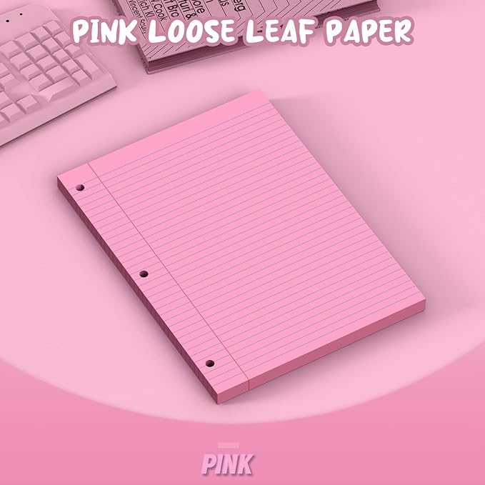 Pink Loose Leaf Paper 8 x 10.5, 120 Sheets Lined Paper College Ruled Paper, 3 Hole Punched Notebook Paper College Ruled, 3 Ring Binder Paper 8 x 10.5, Filler Paper College Ruled for Office, School
