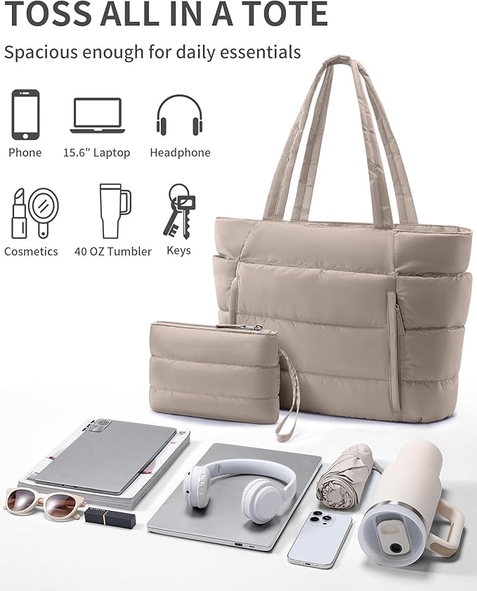 Bagstellar Puffer Tote Bag for Women, Lightweight Puffy Work Handbag Teacher Nurse Quilted Shoulder Bag for School Travel Gym | Cloud Bag w/ Zipper