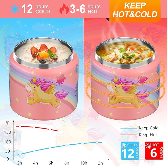 JXXM 13.5 Oz Thermo Food Jar for Hot & Cold Food for Kids, Insulated Lunch Containers Hot Food Jar,Leak-Proof Vacuum Stainless Steel Wide Mouth Lunch Soup Thermo for School (Rainbow Unicorn)