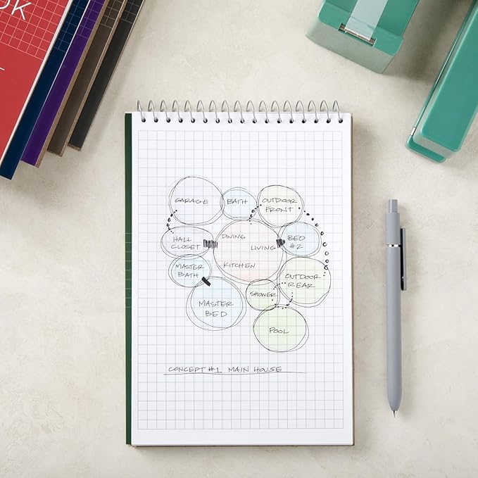 Juvale 6 Pack Quad Ruled 6x9 Inch Top Bound Spiral Graph Paper Notebook - 80 Sheets / 160 Writable Page Steno Notepads for Writing, Sketching, Drawing, School Supplies (6 Colors)