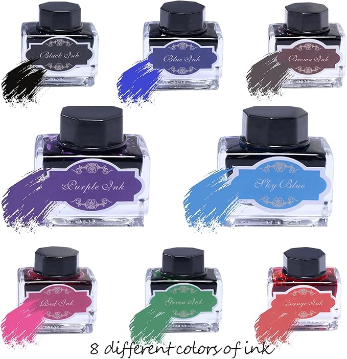 Calligraphy Pen Set，Vintage Fountain Wooden Glass Dip Pen Ink Writing Pen with 8 Colors of Ink 10 Types of Replaceable Nibs 2 Pen Holders Exquisite Present for Beginners