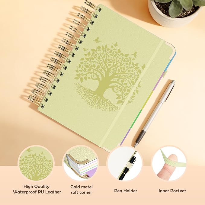 QIYVLOS Hardcover Spiral Notebook, B5 Journal with Removable Dividers Tabs, 5 Subject Notebook College Ruled, 320 Pages 8"x10" Leather Notebooks for Work School Study, Lined Journal for Women, Yellow