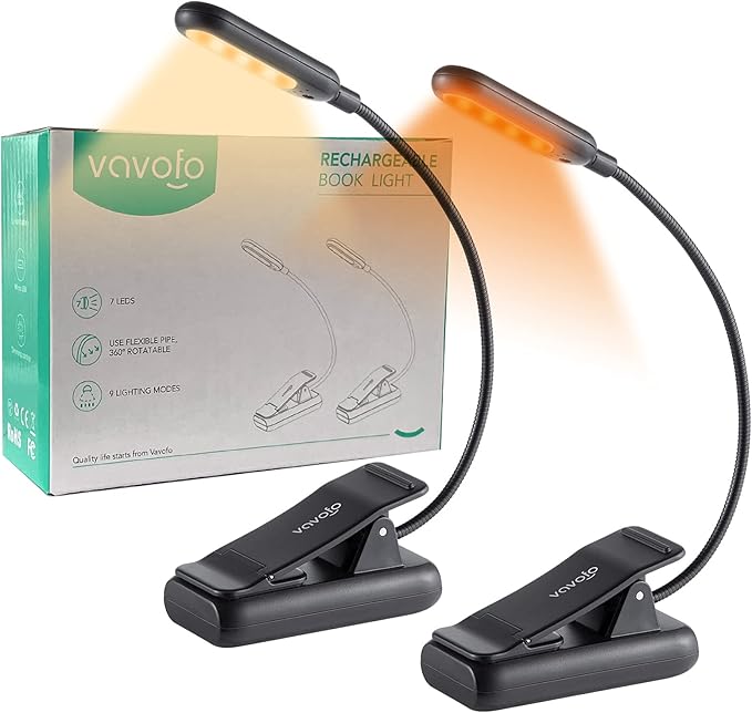 VAVOFO Amber Rechargeable Book Lights, Blue Light Blocking Reading Lights, 7 LEDs Eye Care 9 Colors 9 Brightness Clip On for Bookworms with Power Indicator Lasting 70h (2-Pack, Black)