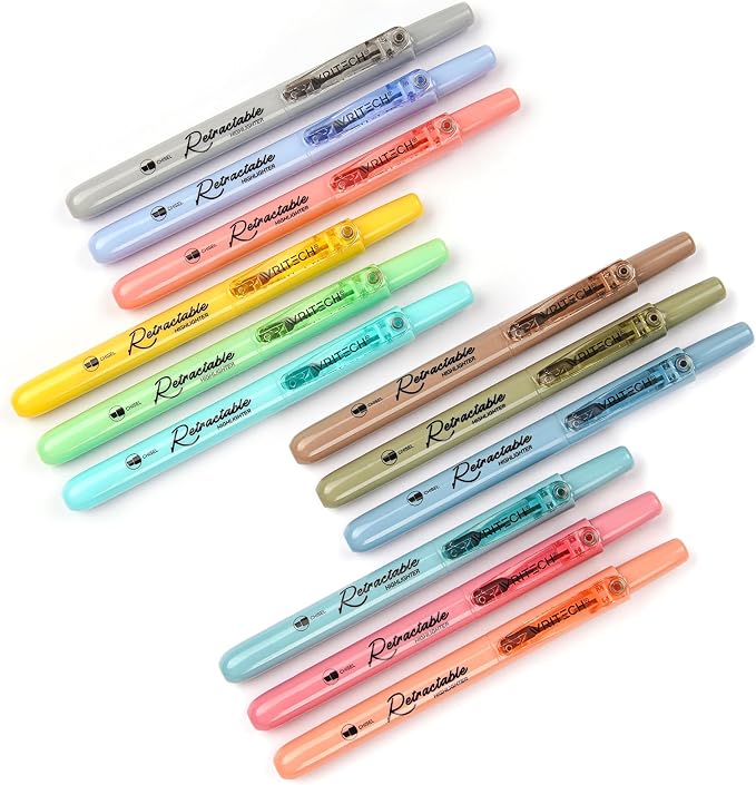 WRITECH Retractable Highlighters Assorted Colors: Chisel Tip Click Aesthetic Highlighter Marker Pens Pack Multi Colored Ink No Bleed Smear for Highlighting Journaling (12ct Mild+Vintage)