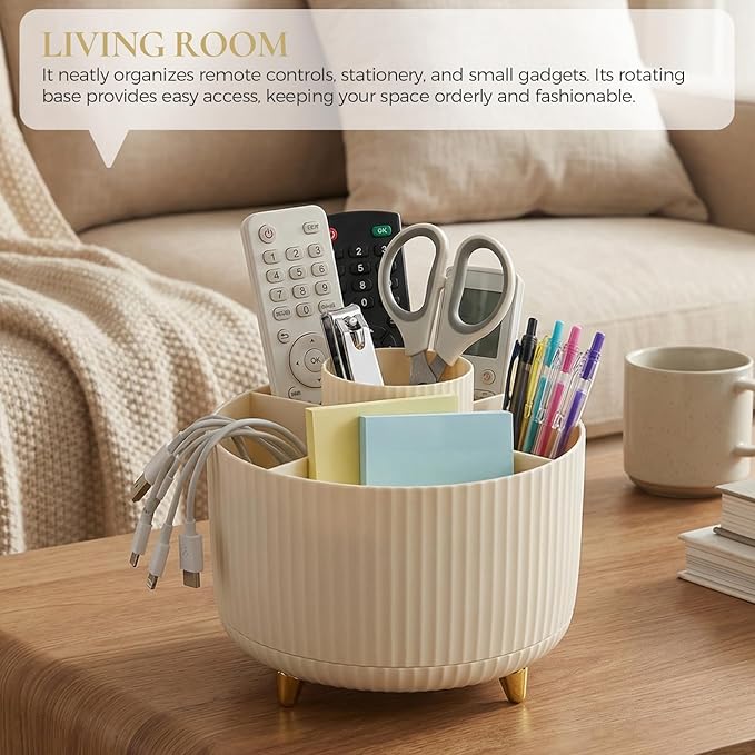 KONVINIT Pencil Pen Holder for Desk, 5 Slots 360 - Degree Rotating Desktop Organizer, Cute Desk Organizers and Accessories for School, Home, Office and Art Supply, Beige