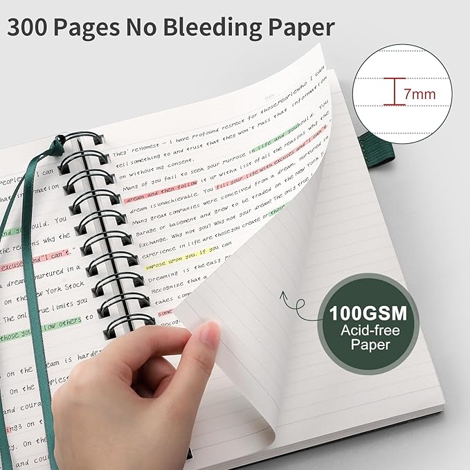 EMSHOI A5 College Ruled Spiral Notebook, Thick 300 Pages/150 Sheets, 100GSM Ink-Proof Waterproof PVC Hardcover Lay-Flat Lined Journal for Work Office School Writing, Small 5.7"x8.22" - Dark Green
