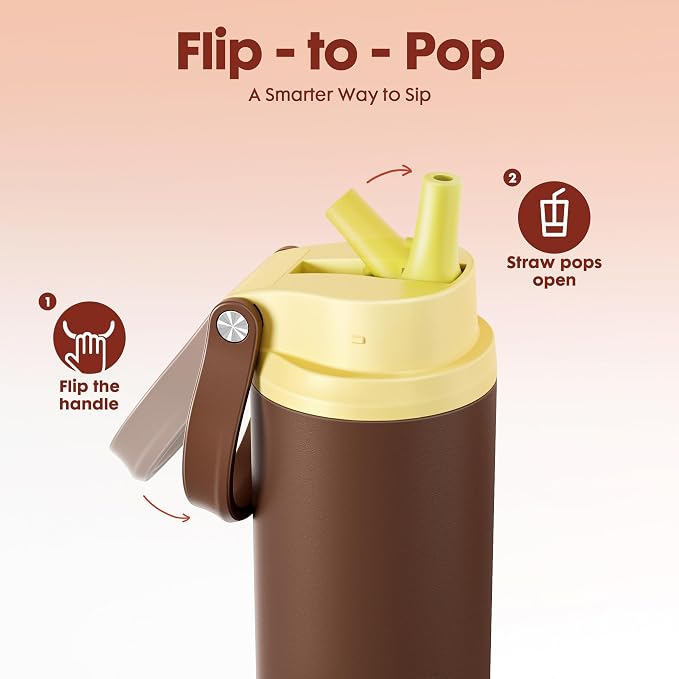 Meoky 24 oz Insulated Stainless Steel Water Bottle: Flip-to-Pop Straw, Leak Proof, 24H Cold, Fits in Car Cup Holder, Carry Loop, BPA-Free, Wide Mouth Water Bottle for Adults Gym Bag, Honey