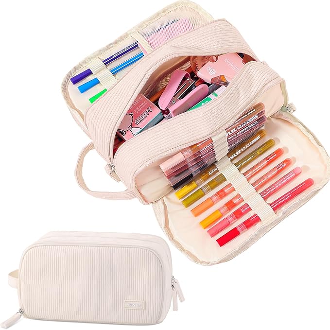 3 Compartment Pencil Case, Extra Large Capacity School Supplies Pencil bag with Easy Handle, Soft Corduroy Pencil Pouch, Aesthetic Supply Pen Case Bag Organizer For Teen Girls College (Beige)