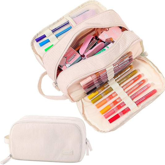 3 Compartment Pencil Case, Extra Large Capacity School Supplies Pencil bag with Easy Handle, Soft Corduroy Pencil Pouch, Aesthetic Supply Pen Case Bag Organizer For Teen Girls College (Beige)