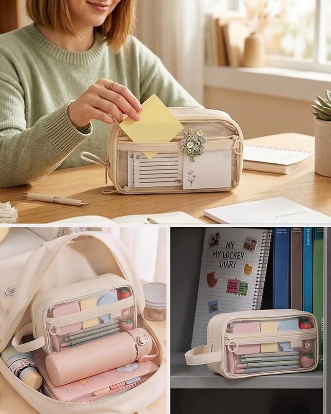 41Pcs Aesthetic Pink Office Supplies Set, All-in-One 5 Compartments Desk Organizer Kit with Large Capacity Pen Pouch, A5 Notebook for Women & Journaling (beige)