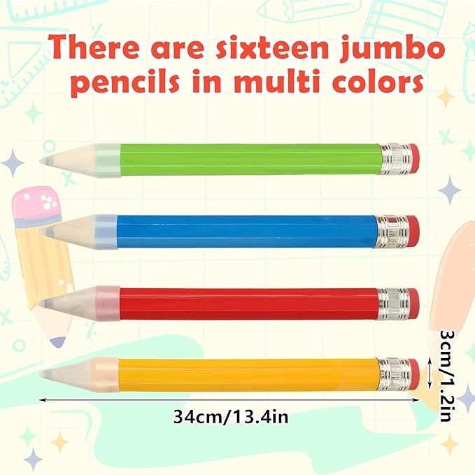 WOPPLXY 16 Pcs Wooden Jumbo Pencils, 13 Inch Funny Large Novelty Pencil, Wood Cool Giant Pencil, Big Novelty Pencils for Home School Office Halloween Christmas Party Prop Gift Decor, 4 Colors