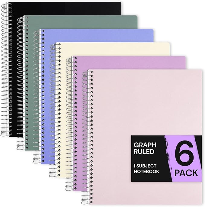 ONAVIA 1 Subject Graph Paper Spiral Notebook 6 Pack, 200 Pages, Assorted
