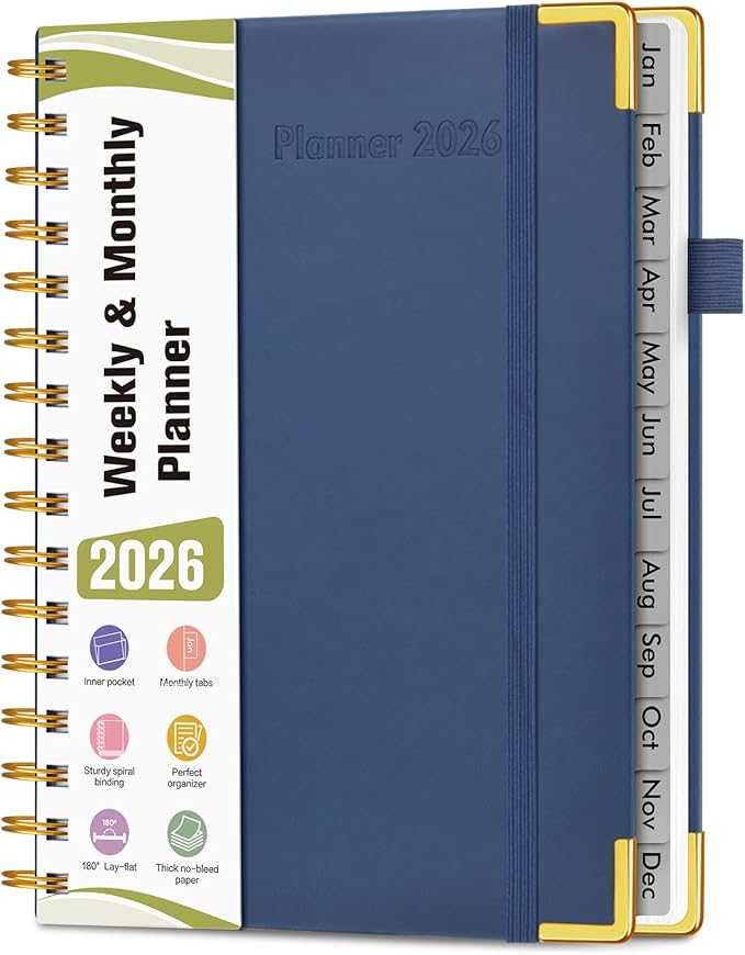 2026 Planner, Hardcover Leather Weekly and Monthly Planner, January 2026 - December 2026, Spiral Yearly Agenda Organizer Book 2026 with Tabs, Daily Calendar Planners for School Work Home, A5 (5.75" x 8.38"), Navy