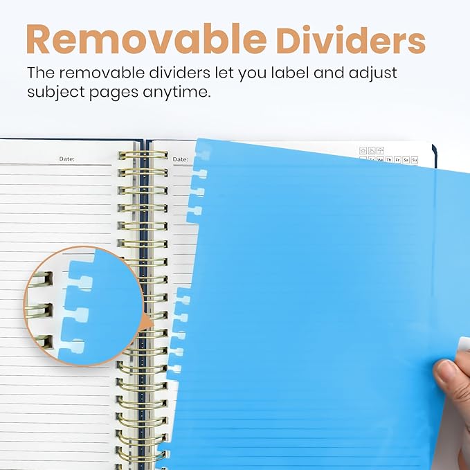 Large Spiral Lined Notebooks for Work with Removable Dividers & Tabs, 8.5"x11" Pretty Hardcover 5 Subject Notebook Journal for Women, College Ruled, Perfect for Study & Office Organization, 280 Pages, Soft Balance