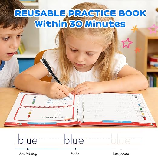 Magic Grooved Handwriting Practice Kindergarten Workbooks for Kids Ages 3-5, Reusable Busy Book, Motor Magic Happy Writer System Toddler Learning Activities Writing Books with Pencil Grips