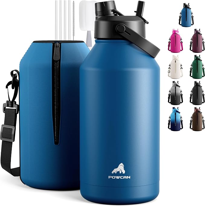 POWCAN 64 oz Insulated Water Bottle with 2-in-1 Straw Spout Lid, Leakproof, Carrier Bag, Shoulder Strap, Keep Cold 48H, Half Gallon Stainless Steel Water Jug for Men, Sports, Camping, Fitness (Indigo)